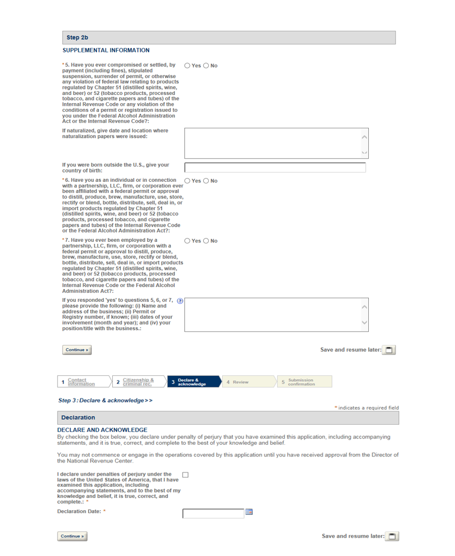 Personnel Questionnaire supplemental information and declaration fields